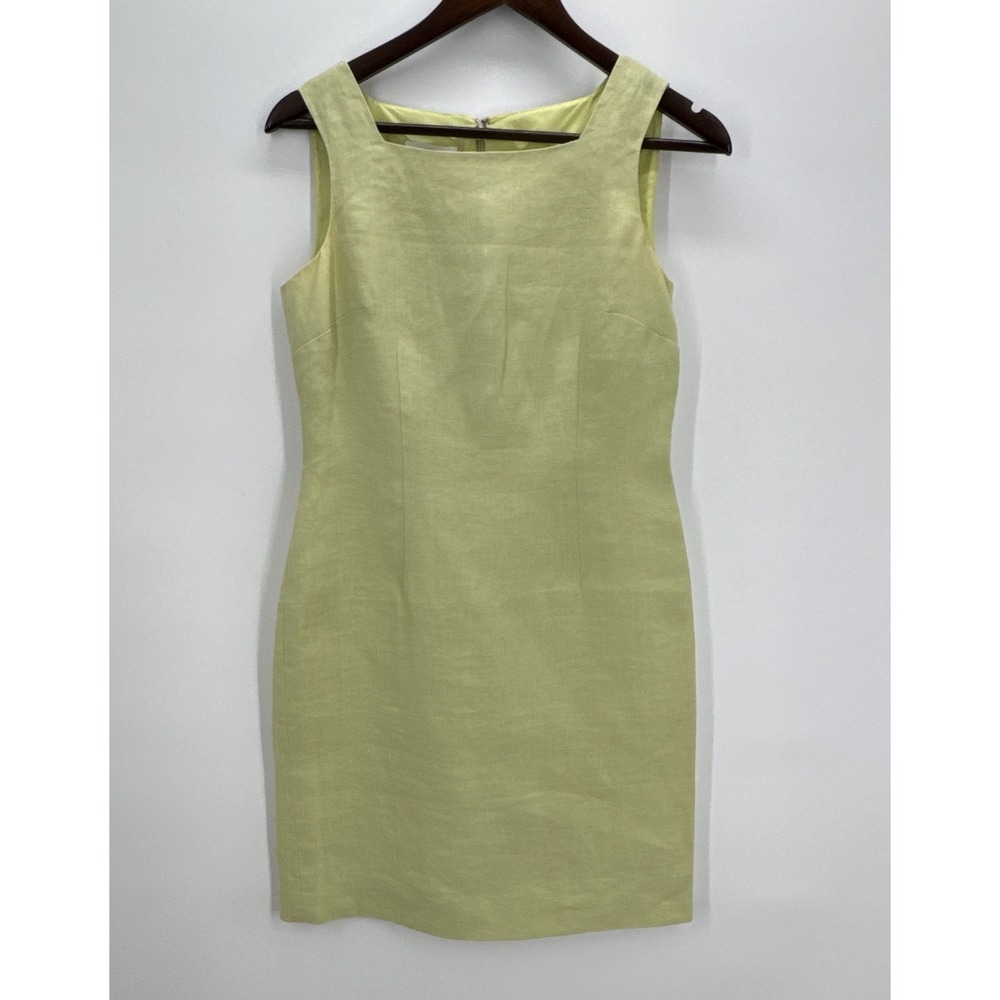 Talbots Petites 2 Green Linen Sheath Dress Square Neck Sleeveless Lined Zip